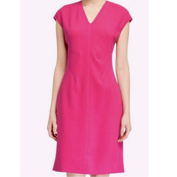 Elie Tahari Fuchsia Pink Crepe V-Neck Sheath Dress Cap Sleeve Size 14 - Picture 12 of 13
